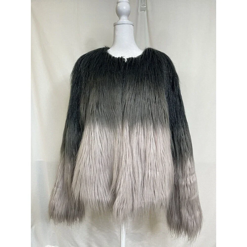 STUNNING Women XL Ombre Faux Fur Coat in Smoked Wool Black Grey Pockets Mob Wife - Picture 1 of 13